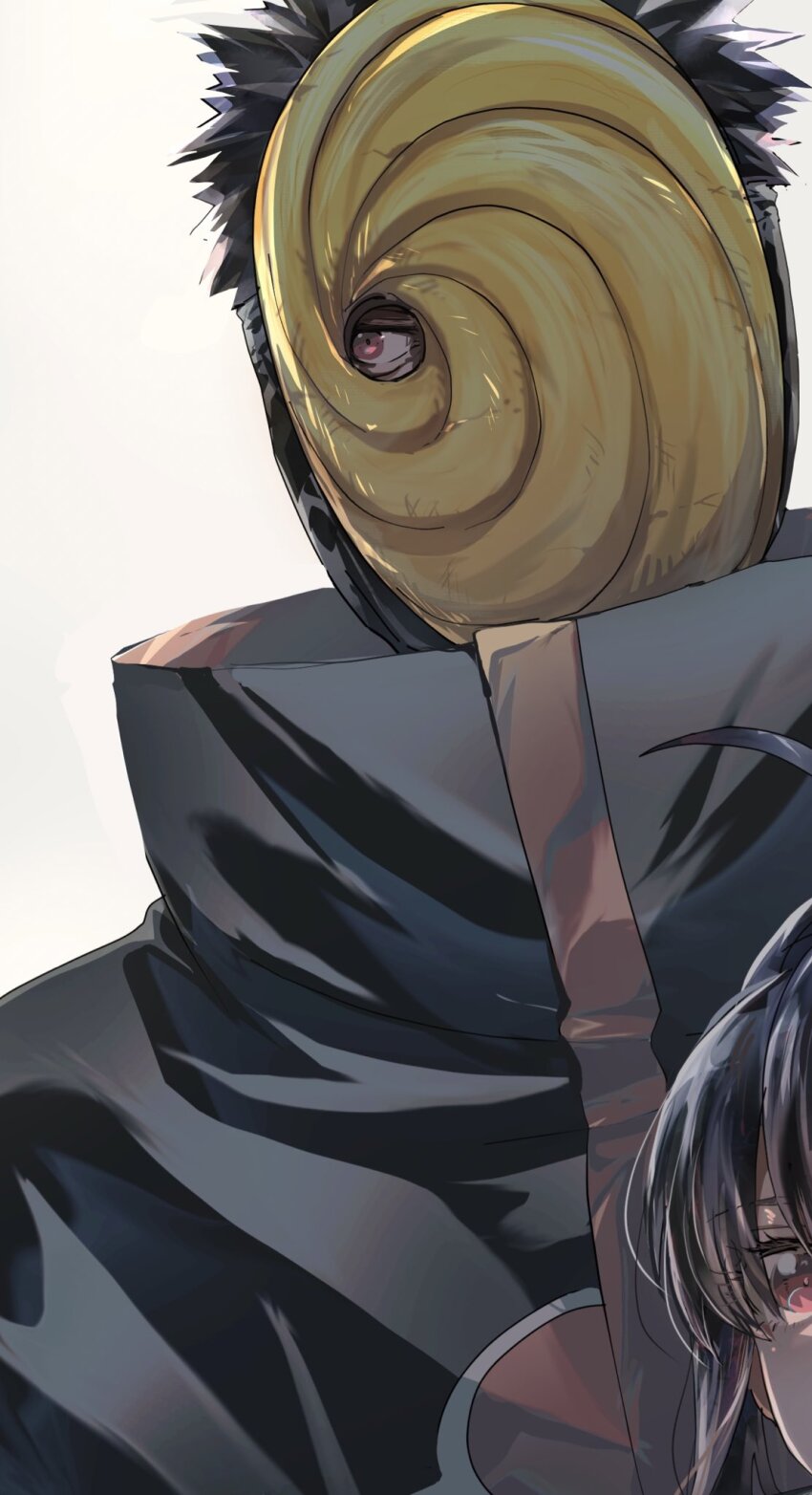 1boy 1girl ahoge akatsuki_uniform black_hair high_collar highres male_focus mask masked_madara mocca1226 naruto_(series) naruto_shippuuden red_eyes sharingan sideways_glance solo_focus tobi_(naruto) uchiha_obito upper_body