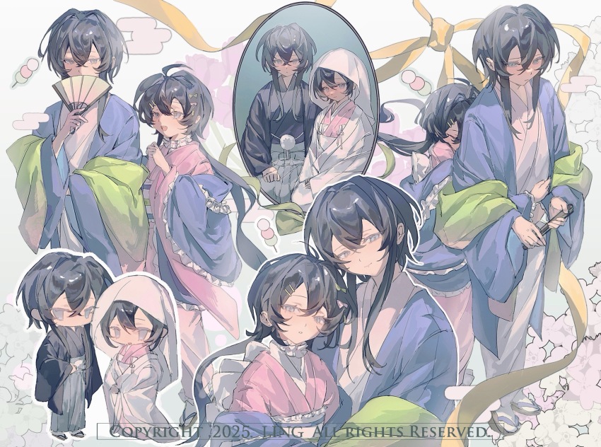 1boy 1girl black_haori black_kimono blue_eyes blue_haori blue_sash bow brown_sandals call_of_cthulhu chibi chinese_commentary closed_mouth commentary_request commission copyright_notice dango fan_to_mouth folding_fan food frilled_sash frills green_bow grey_hakama hair_bow hair_ornament hairclip hakama hand_fan haori harushiro_ryuusei height_difference highres holding holding_fan hug hug_from_behind japanese_clothes kimono liningne long_hair multiple_views obi open_clothes original pink_bow pink_kimono ribbon sandals sanshoku_dango sash short_hair_with_long_locks sidelocks sitting smile socks uchikake wagashi wataboushi watermark white_kimono white_socks yellow_ribbon yishu_shi_si