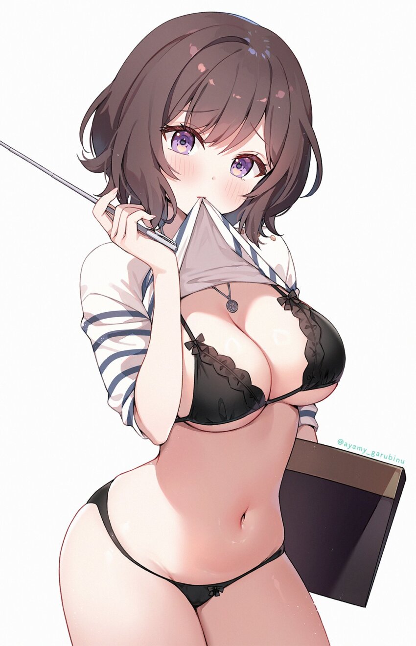 1girl ayamy baton_(weapon) bikini black_bikini breasts brown_hair cleavage clothes_lift cowboy_shot expandable_baton gakuen_idolmaster hand_up highres holding idolmaster jewelry lifting_own_clothes looking_at_viewer medium_breasts mouth_hold navel necklace neo_asari no_pants purple_eyes shirt shirt_lift short_hair short_sleeves simple_background solo stomach string_bikini striped_clothes striped_shirt swimsuit weapon white_background white_shirt