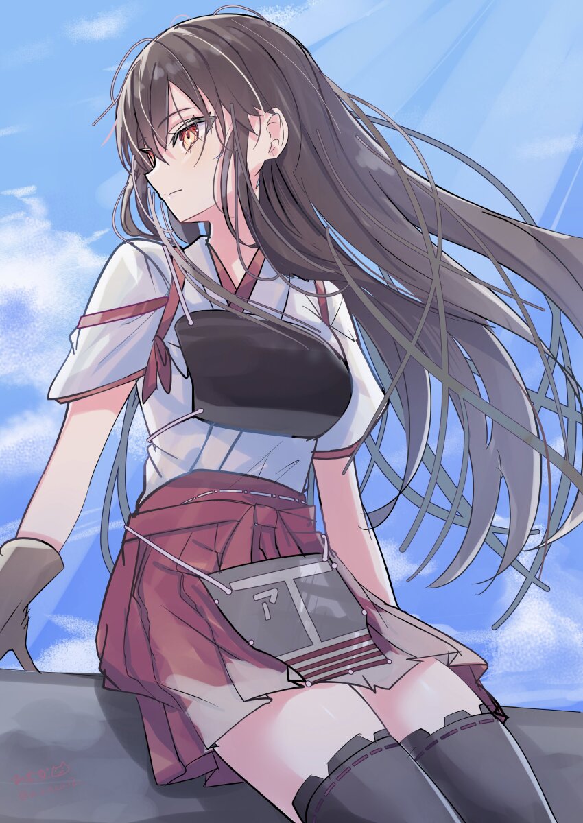 1girl absurdres akagi_(kancolle) akagi_kai_ni_(kancolle) black_thighhighs blue_sky breasts brown_eyes brown_hair gloves hakama hakama_short_skirt hakama_skirt highres hizaka japanese_clothes kantai_collection long_hair looking_to_the_side muneate outdoors partially_fingerless_gloves partly_fingerless_gloves red_hakama sitting skirt sky smile thighhighs yugake