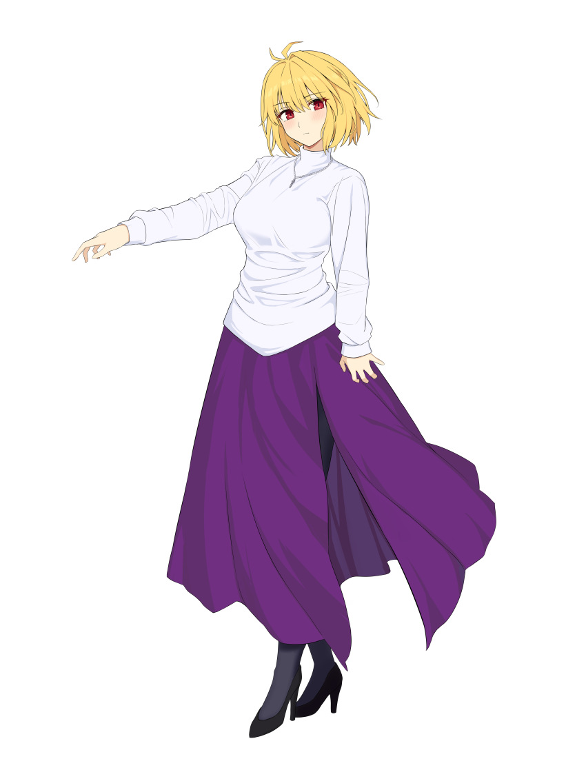 1girl absurdres ahoge arcueid_brunestud black_pantyhose blonde_hair blush breasts cosplay floating_hair high_heels highres jewelry large_breasts looking_at_viewer necklace pantyhose purple_skirt red_arcueid red_arcueid_(cosplay) red_eyes short_hair side_slit simple_background skirt sweater tsukihime tsukihime_(remake) turtleneck turtleneck_sweater type-moon user_tass2552 vampire