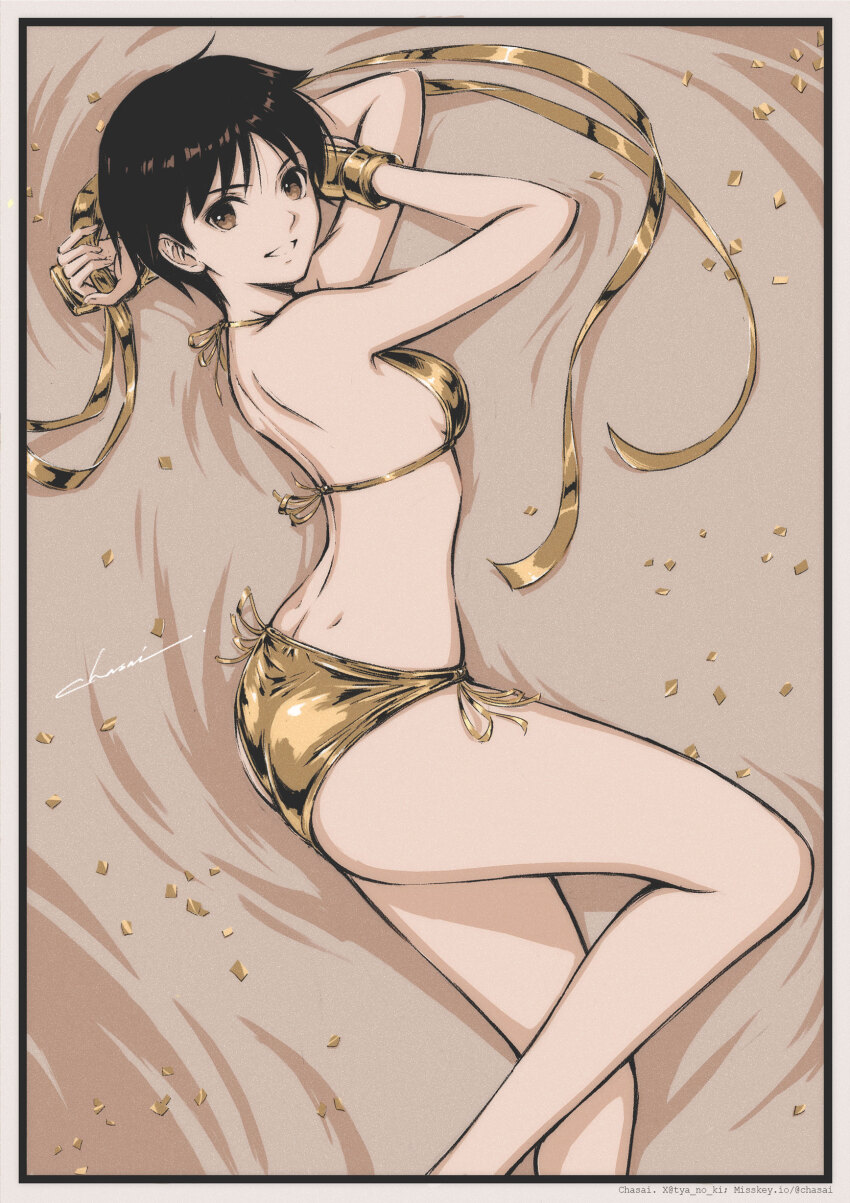 1girl absurdres bikini gold_bikini highres kasugano_sakura looking_at_viewer lying on_side short_hair smile solo street_fighter string_bikini swimsuit tyanoki