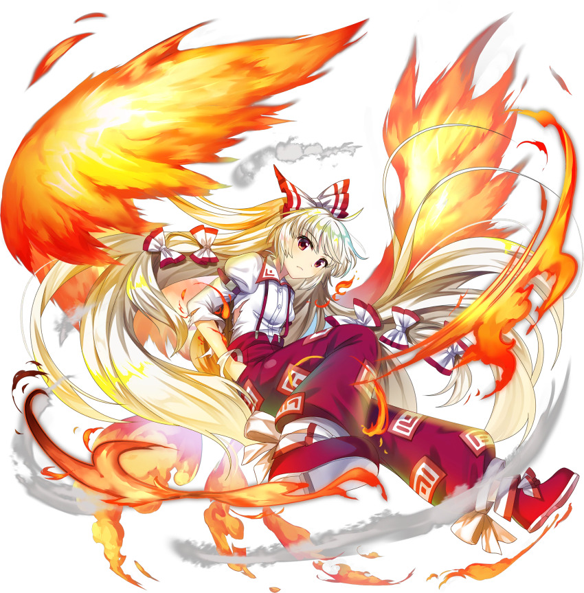 1girl absurdly_long_hair arm_belt bow closed_mouth fiery_wings fire fujiwara_no_mokou full_body game_cg hair_bow hands_in_pockets highres juliet_sleeves long_hair long_sleeves looking_at_viewer multiple_hair_bows official_art ofuda ofuda_on_clothes pants puffy_sleeves red_eyes red_pants red_shoes rotte_(1109) shirt shoes solo suspenders third-party_source torn_clothes torn_shirt torn_sleeves touhou touhou_lostword transparent_background very_long_hair white_bow white_hair white_shirt wings