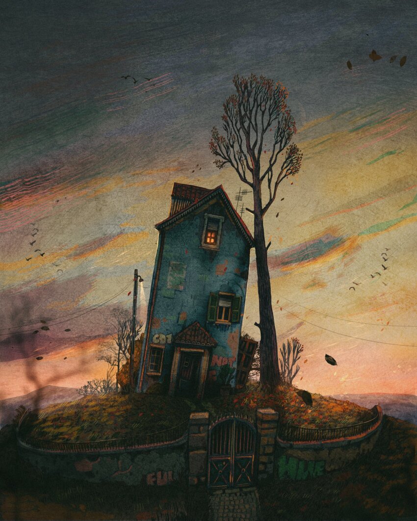 bird building dormer drainpipe francisco_fonseca gate graffiti highres house leaf original outdoors power_lines radio_antenna smoke tree window_blinds window_light