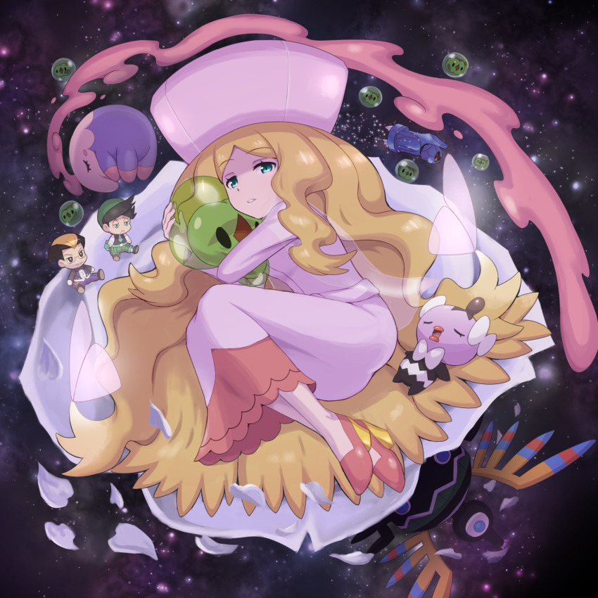1girl 2boys aqua_eyes beldum blonde_hair caitlin_(pokemon) chibi darach_(pokemon) dress duosion elite_four fetal_position frontier_brain gen_3_pokemon gen_5_pokemon gothita hat high_heels highres holding holding_pokemon hug legs_together long_hair looking_at_viewer multiple_boys musharna nintendo parted_lips pink_dress pink_headwear pink_shoes pokemoa pokemon pokemon_(creature) pokemon_bw pokemon_dppt pokemon_platinum shoes sigilyph solosis star_(symbol) star_symbol_background teeth thorton_(pokemon) two-tone_footwear very_long_hair yellow_shoes
