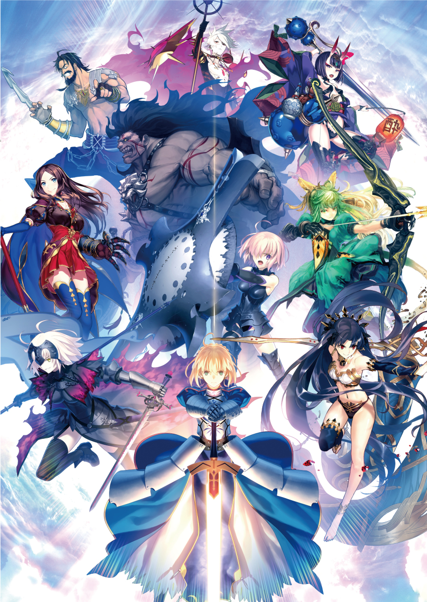 3boys 6+girls absurdres artist_collaboration artoria_pendragon_(fate) asai_genji atalanta_(fate) azusa_(hws) b_suke banner black_facial_hair edward_teach_(fate) facial_hair fate/grand_order fate/grand_order_arcade fate_(series) heracles_(fate) heracles_(third_ascension)_(fate) highres holding_banner honjou_raita ishtar_(fate) jeanne_d&#039;arc_alter_(avenger)_(fate) jeanne_d&#039;arc_alter_(fate) karna_(fate) key_visual leonardo_da_vinci_(fate) mash_kyrielight mash_kyrielight_(demi-servant) morii_shizuki multiple_boys multiple_girls official_art pako_(pakosun) promotional_art saber_(fate) shuten_douji_(fate) simosi takeuchi_takashi third-party_source topless_male