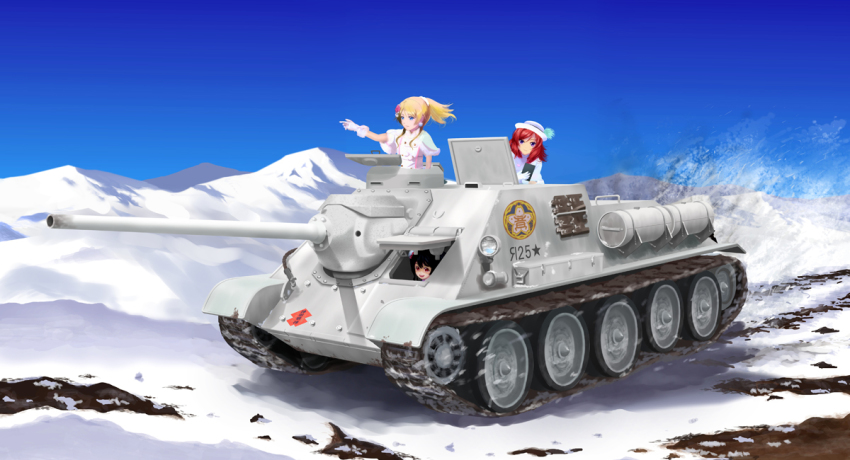 10s 3girls artist_request assault_gun ayase_eli bibi_(love_live!) blonde_hair blue_eyes breasts caterpillar_tracks day dress girls_und_panzer hat long_hair love_live! love_live!_school_idol_project military military_vehicle motor_vehicle mountain multiple_girls nishikino_maki purple_eyes red_eyes red_hair shirt short_hair sky smile snow su-100 tank tank_destroyer turretless_tank yazawa_nico