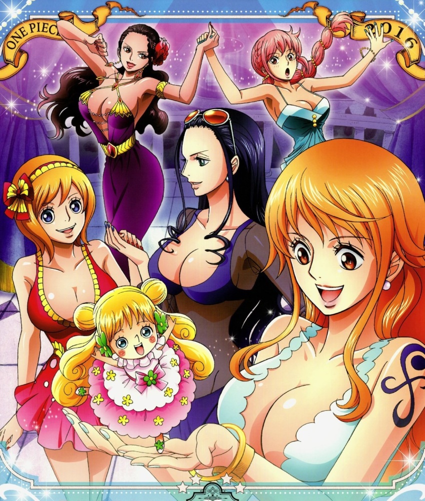 2016 6+girls bare_shoulders black_hair blonde_hair blue_eyes blush blush_stickers bracelet braid breasts cleavage dress eyewear_on_head female_focus flower hairband happy highres jewelry koala_(one_piece) large_breasts long_hair looking_at_viewer mansherry_(one_piece) multiple_girls nail_polish nami_(one_piece) nico_robin no_bra one_piece orange_hair perky_breasts pink_hair rebecca_(one_piece) rose short_hair siblings sisters smile sunglasses tattoo viola_(one_piece)