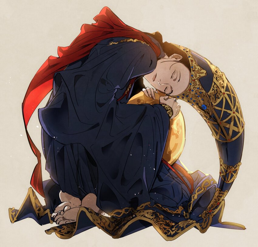 1girl 6cheetah amber_(gemstone) barefoot black_hair blue_gemstone closed_eyes conical_hat elden_ring full_body gem highres hug hugging_object jeweled_hat long_sleeves mature_female red_gemstone rennala_queen_of_the_full_moon robe simple_background soles solo tall_hat toes wide_sleeves