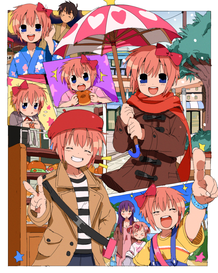 1boy 3girls absurdres bag beach bendedede blue_eyes blue_kimono blue_overalls blush bow bread_bun brown_coat brown_hair brown_kimono bush closed_eyes coat doki_doki_literature_club eating festival food hair_bow hair_ornament hair_ribbon hairclip highres holding holding_food holding_umbrella jacket japanese_clothes kimono lantern long_hair looking_at_viewer multiple_girls natsuki_(doki_doki_literature_club) open_mouth overalls palm_tree peacoat pink_hair pointing protagonist_(doki_doki_literature_club) purple_hair red_bow ribbon sand satchel sayori_(doki_doki_literature_club) scarf school_uniform shirt short_hair short_twintails smile snowing star_(symbol) star_symbol_background striped_clothes striped_shirt tree twintails umbrella watch water wristwatch yukata yuri_(doki_doki_literature_club)