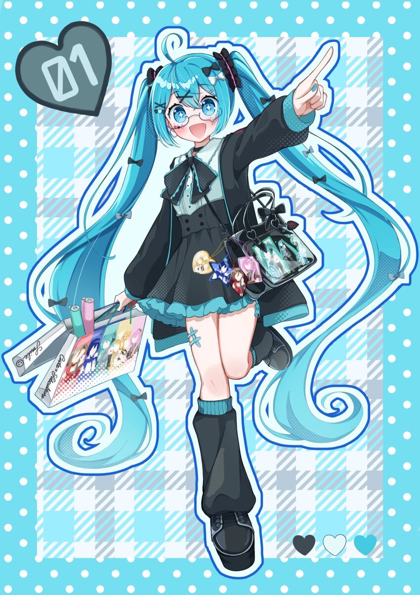 +_+ 1girl :d ahoge bag black_bow black_jacket black_shoes black_skirt black_socks blue_background blue_border blue_eyes blue_hair blue_nails blue_outline blush border bow charm_(object) color_guide commentary_request cross-laced_shoes double-parted_bangs frilled_skirt frills full_body glasses hair_bow hair_ornament hatsune_miku highres holding holding_bag jacket kagamine_rin kaito_(vocaloid) kneehighs long_hair long_sleeves looking_at_viewer loose_socks megurine_luka meiko_(vocaloid) nail_polish onawae_nashi open_clothes open_jacket open_mouth outline outstretched_arm plaid_background pointing polka_dot_border shoes skirt smile socks solo standing standing_on_one_leg twintails very_long_hair vocaloid white_bow x_hair_ornament