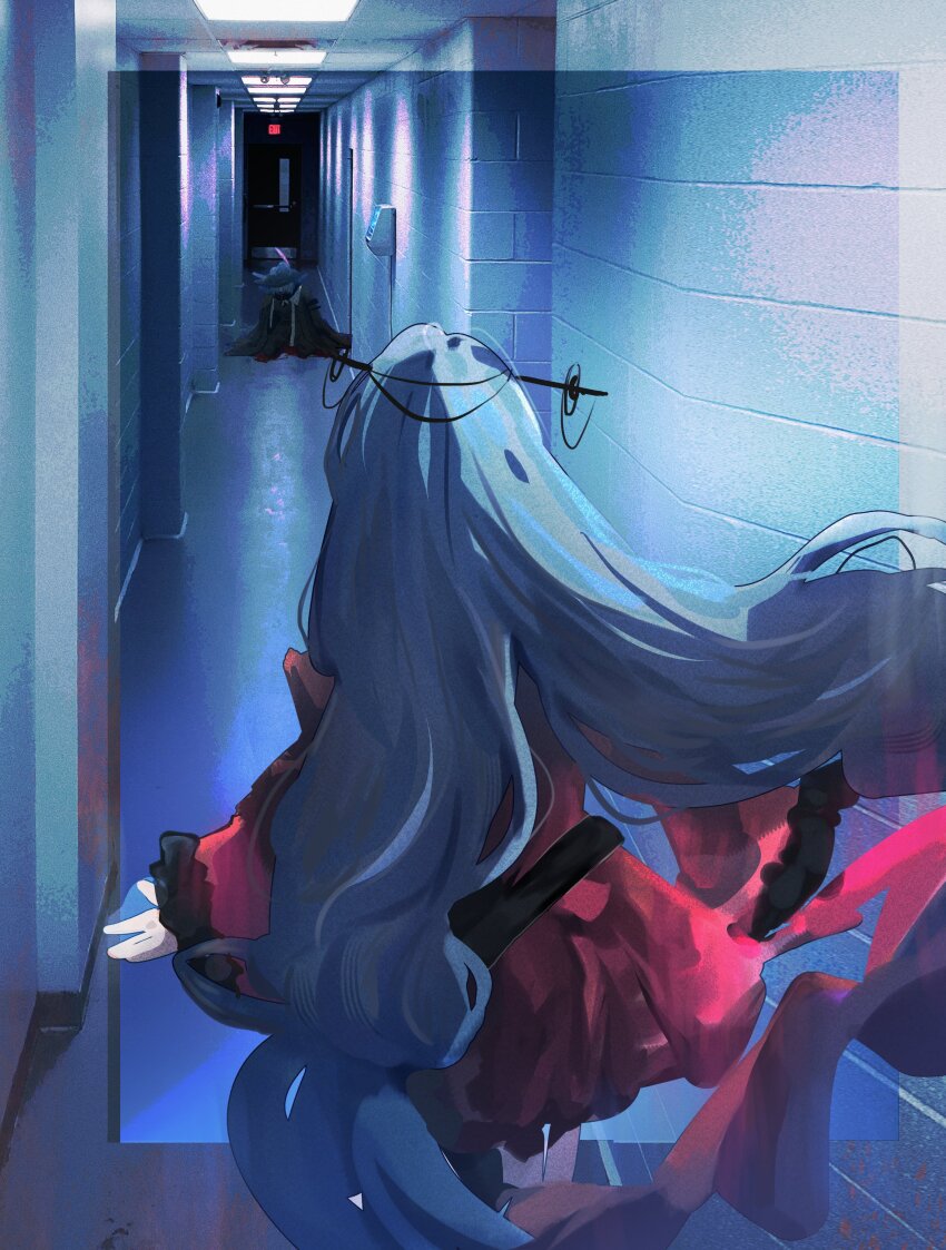 1girl 1other absurdres arknights blood commentary dress facing_away fluorescent_lamp grey_hair highres horror_(theme) indoors liminal_space long_sleeves paper_memo_(pspspsps) red_dress skadi_(arknights) skadi_the_corrupting_heart_(arknights)
