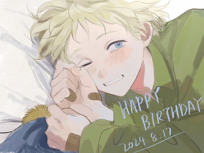 1boy animification bandaid bandaid_on_hand blonde_hair blue_eyes chunai_tuju collared_shirt dated grin happy_birthday hat highres long_sleeves lying male_focus on_side one_eye_closed shirt short_hair smile south_park tweek_tweak unworn_hat unworn_headwear
