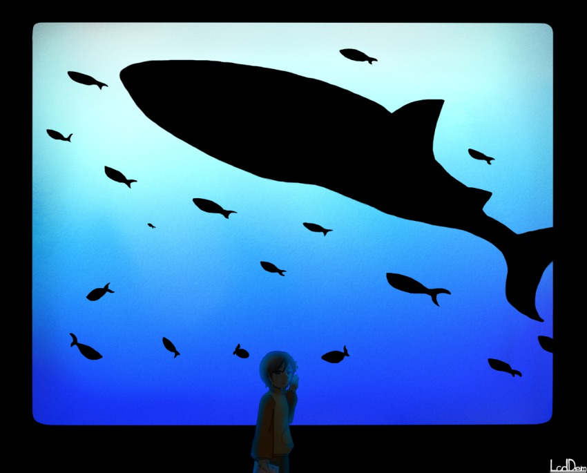 1girl aquarium brown_hair chie_(lcddem) commentary copyright_name dark female_focus fish hair_ornament lcddem looking_away midorikuzira short_hair shorts sidelocks silhouette solo tears underwater whale