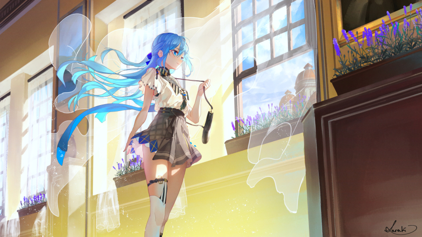 1girl asymmetrical_legwear bag black_socks blue_bow blue_eyes blue_hair bow commentary_request curtains day female_focus floating_hair flower flower_box grey_skirt hair_between_eyes hair_bow highres indoors kneehighs long_hair looking_away original pleated_skirt purple_flower saraki shirt short_sleeves shoulder_bag signature single_kneehigh single_sock single_thighhigh skirt socks solo standing thighhighs transparent uneven_legwear very_long_hair white_shirt white_socks