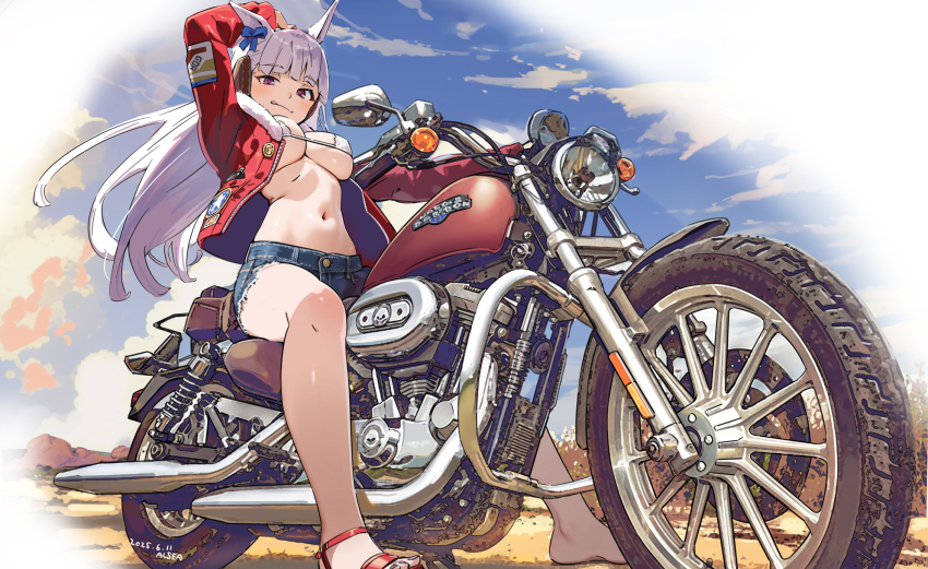 1girl :q alsea animal_ears arm_up bare_legs barefoot bikini bikini_top_only blue_shorts bow breasts buttons dated day denim denim_shorts ear_bow ear_covers fur_collar gold_ship_(umamusume) highres horse_ears jacket large_breasts light_smile long_hair long_sleeves looking_at_viewer medium_breasts micro_bikini motor_vehicle motorcycle navel on_motorcycle outdoors photo-referenced pink_eyes red_jacket shoes short_shorts shorts single_shoe stomach swimsuit toenails toes tongue tongue_out umamusume underboob unzipped very_long_hair white_bikini white_hair zipper
