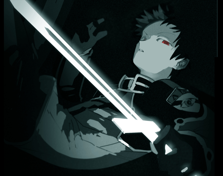 1boy badge cowboy_shot energy_sword falling floating_hair from_side glowing glowing_sword glowing_weapon jacket kazama_souya kazama_squad&#039;s_uniform kzmsnmjkk long_sleeves looking_at_viewer male_focus pants pillarboxed red_eyes short_hair short_sword solo spot_color sword weapon world_trigger