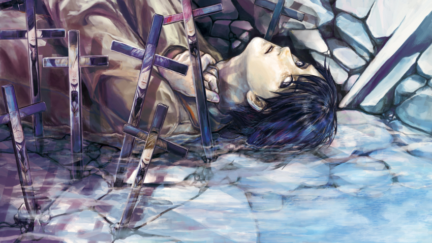 1boy 6+girls aoi_sena black_hair black_necktie chaos;head cross crucifix grey_eyes highres in_water kishimoto_ayase kusunoki_yua light_reflection_(water) long_sleeves looking_at_another lying multiple_girls necktie nishijou_nanami nishijou_takumi nnn_(sanjo) on_back on_ground orihara_kozue puddle reflection reflection_focus sakihata_rimi school_uniform suimei_school_uniform upper_body