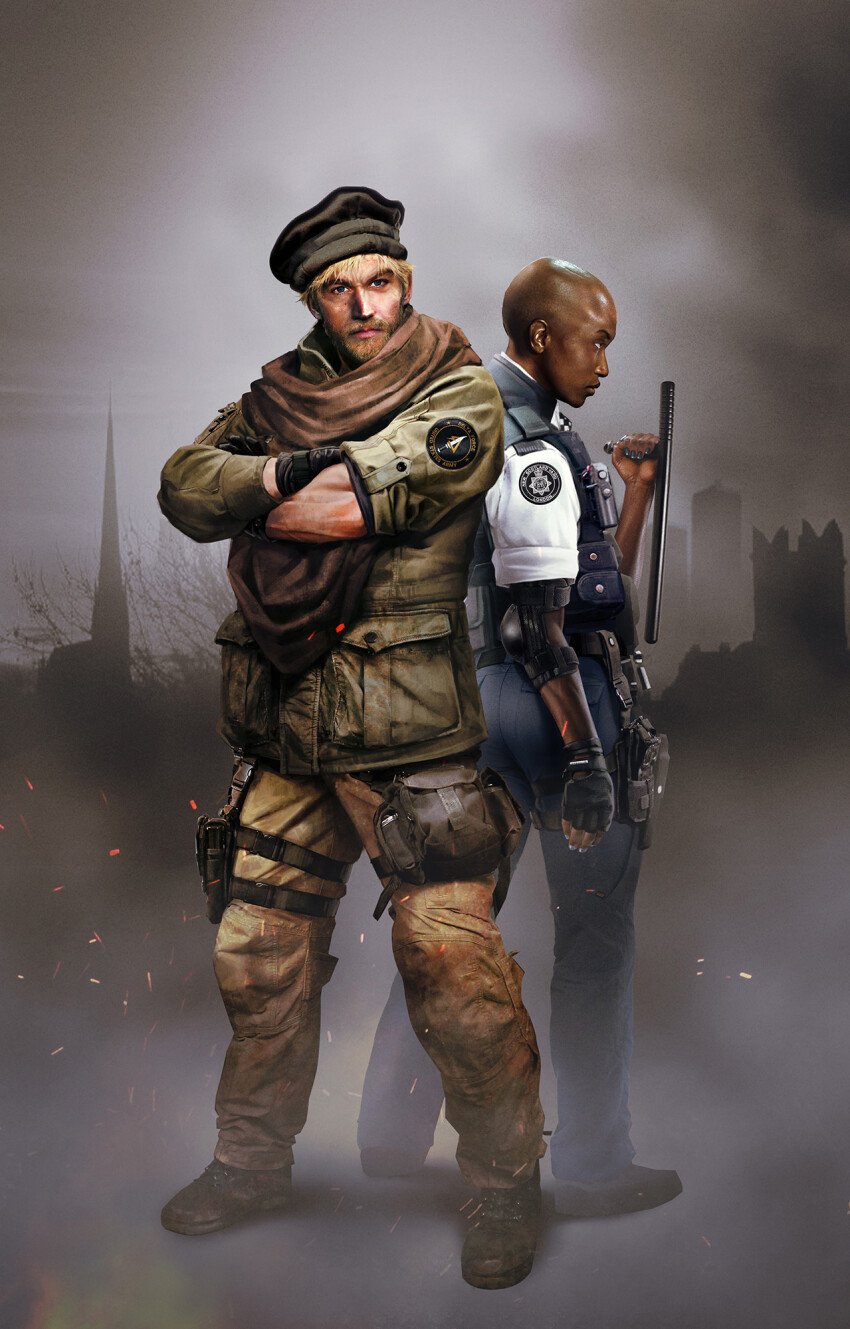 1boy 1girl ammunition_pouch arm_at_side armor bald bald_girl baton_(weapon) belt black_belt black_boots black_gloves black_nails black_necktie black_pouch black_shoes blonde_facial_hair blonde_hair blue_armor blue_eyes blue_pants boots brown_eyes brown_hat brown_pants brown_scarf building buttons cargo_pants checkered_necktie clash_(rainbow_six_siege) combat_boots commentary crossed_arms dark-skinned_female dark_skin dress_pants dress_shirt elbow_pads embers emblem english_commentary facial_hair fingerless_gloves fingernails fire furrowed_brow gloves green_jacket hat high_collar highres holding holding_baton_(weapon) holding_weapon holster insignia jacket key_visual long_sleeves looking_afar looking_ahead magazine_(weapon) maverick_(rainbow_six_siege) messy_hair metropolitan_police_service military military_combat_uniform military_jacket military_operator military_uniform multicolored_nails nail_polish necktie official_art overcast pants phelandavion pocket police police_uniform policewoman pouch promotional_art rainbow_six_siege realistic riot_police scarf shirt shoes short_hair single_elbow_pad single_fingerless_glove single_glove sky sleeve_cuffs sleeves_rolled_up smoke soldier tactical_clothes thigh_holster thigh_pouch tree vest_pouch weapon white_nails white_shirt