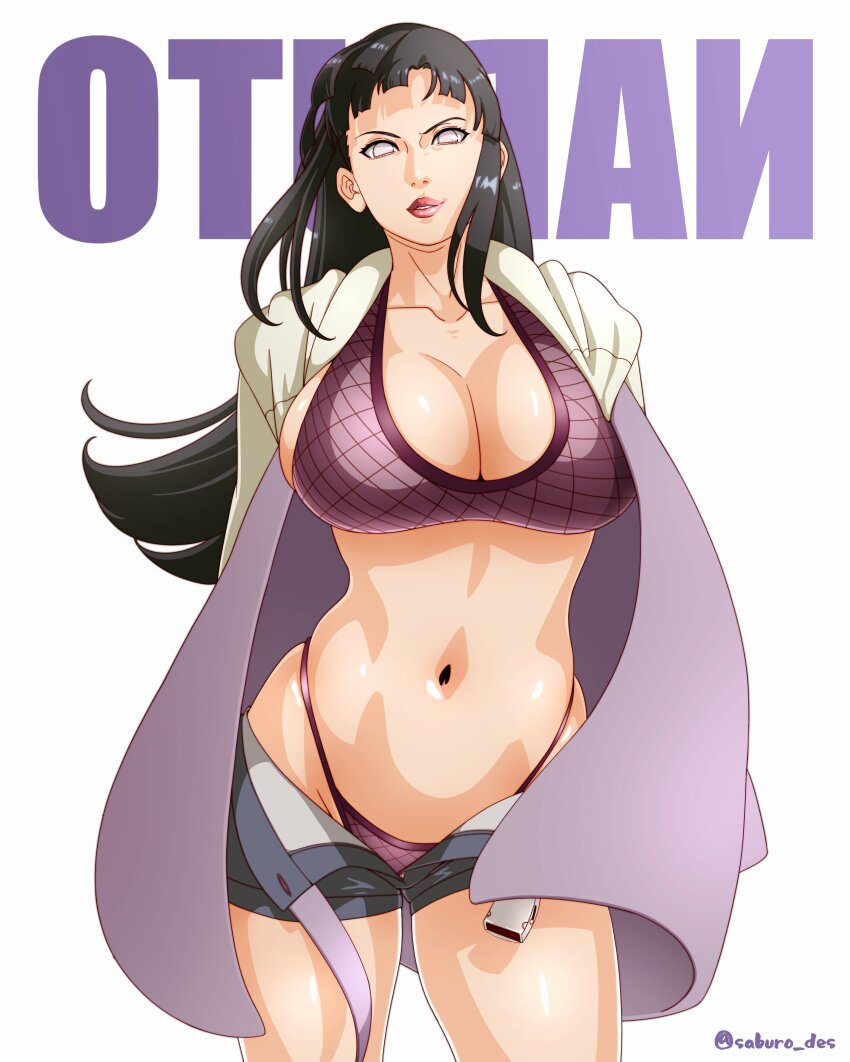 1girl absurdres black_hair blue_shorts breasts character_name cleavage collarbone copyright_name cowboy_shot denim fishnet_bra fishnet_panties highleg highleg_panties highres hood hooded_jacket hyuuga_hinata jacket mirrored_text naruto:_road_to_ninja naruto_(series) naruto_shippuuden navel no_pupils open_clothes open_jacket panties purple_jacket saburo_des short_shorts shorts simple_background solo twitter_username underwear white_background white_eyes