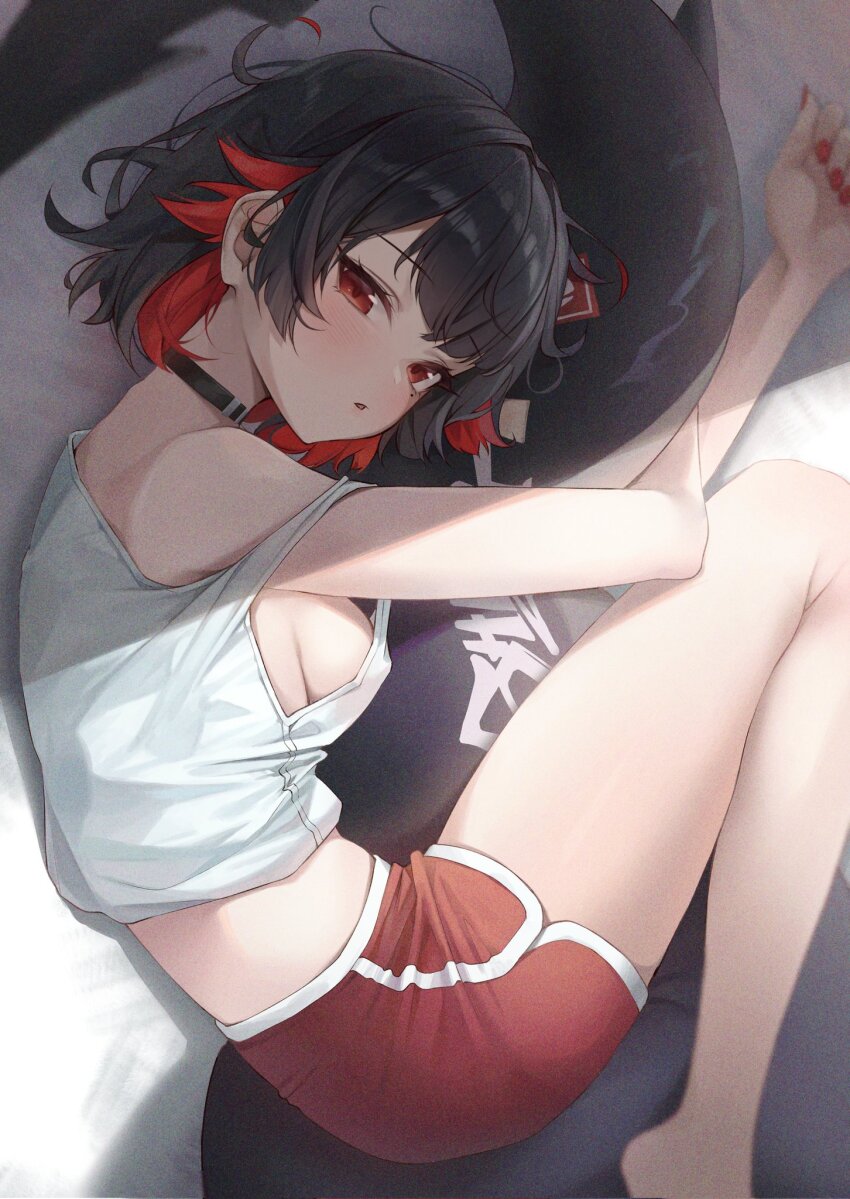 1girl alternate_costume black_hair blush breasts colored_inner_hair dolphin_shorts ellen_joe film_grain fingernails fins fish_tail hair_between_eyes highres hugging_own_tail hugging_tail indoors looking_at_viewer lying md5_mismatch midriff mole mole_under_eye multicolored_hair nail_polish on_side parted_lips red_eyes red_hair red_nails red_shorts resolution_mismatch revision shark_girl shark_tail shirt short_hair shorts sideboob sidelocks sleeveless sleeveless_shirt solo source_smaller tail two-tone_hair um_111 zenless_zone_zero