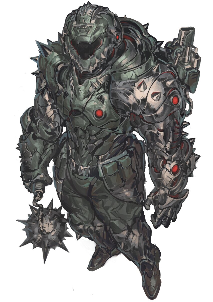 1boy armor assault_visor black_visor breastplate doom:_the_dark_ages doom_(series) doomguy flail full_armor full_body gauntlets green_armor helmet highres holding holding_flail holding_weapon nameno92372763 shoulder_armor shoulder_cannon shoulder_spikes simple_background solo spiked_armor spikes weapon white_background