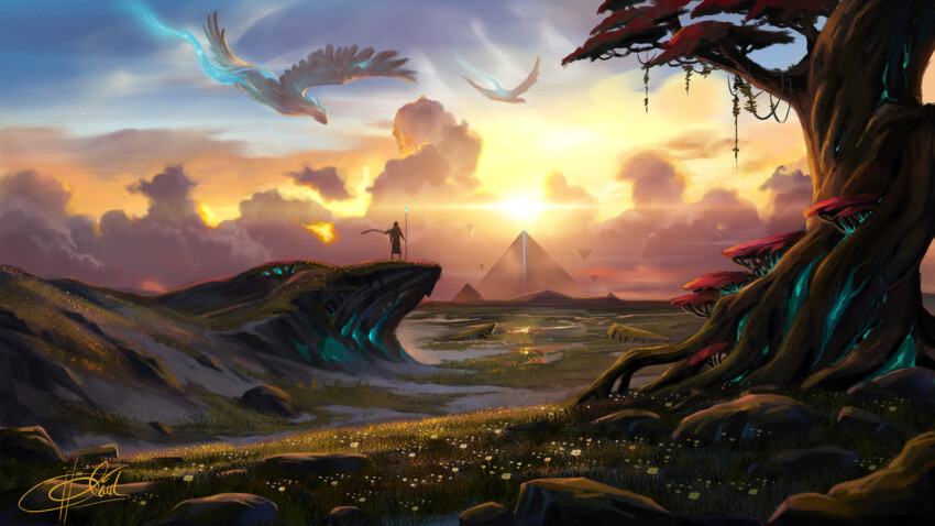 1boy chinnkun cloud dawn day dragon facing_away fantasy from_behind glowing grass landscape original painterly pyramid_(structure) rock signature sky staff sun sunlight tree yellow_sky