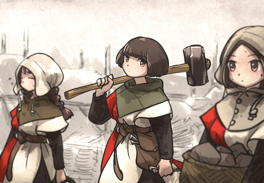3girls basket belt blunt_bangs bowl_cut brown_bag brown_belt brown_eyes brown_hair capelet closed_eyes closed_mouth commentary facing_to_the_side gambeson green_capelet grey_veil hammer highres holding holding_basket holding_hammer holding_nail ironlily looking_at_viewer looking_to_the_side medieval monochrome_background multiple_girls nail_(hardware) ordo_mediare_sisters_(ironlily) over_shoulder rock short_hair sketch_background surcoat veil weapon weapon_over_shoulder white_veil
