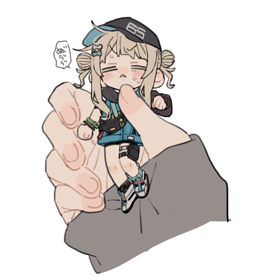 1girl 1other baseball_cap dayama double_bun hair_bun hat highres kaburaki_roco mini_person minigirl nijisanji virtual_youtuber white_background