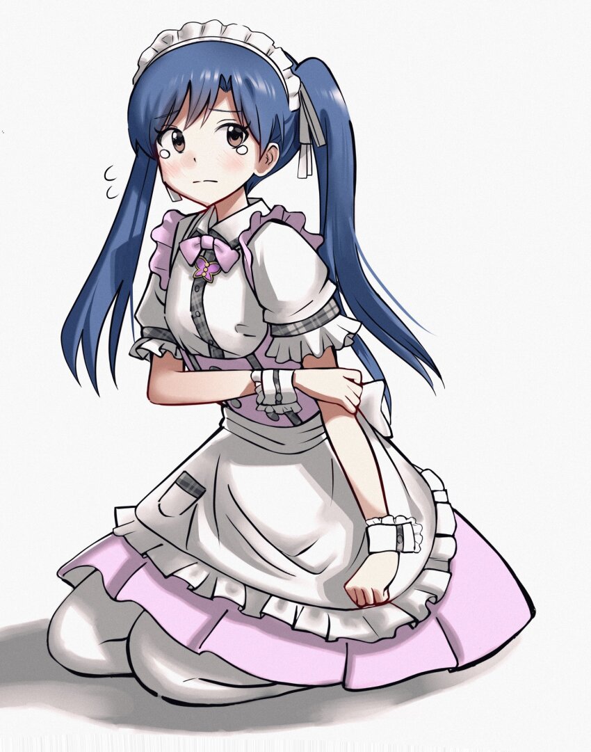 1girl alternate_costume anman_(yxwu7733) apron blue_hair blush brown_eyes closed_mouth enmaided flat_chest frilled_apron frills frown full_body highres idolmaster idolmaster_(classic) idolmaster_million_live! idolmaster_million_live!_theater_days kisaragi_chihaya kneeling long_hair maid maid_apron maid_headdress pretty_waitress_(idolmaster) puffy_short_sleeves puffy_sleeves short_sleeves simple_background solo teardrop twintails waist_apron white_apron white_background wrist_cuffs
