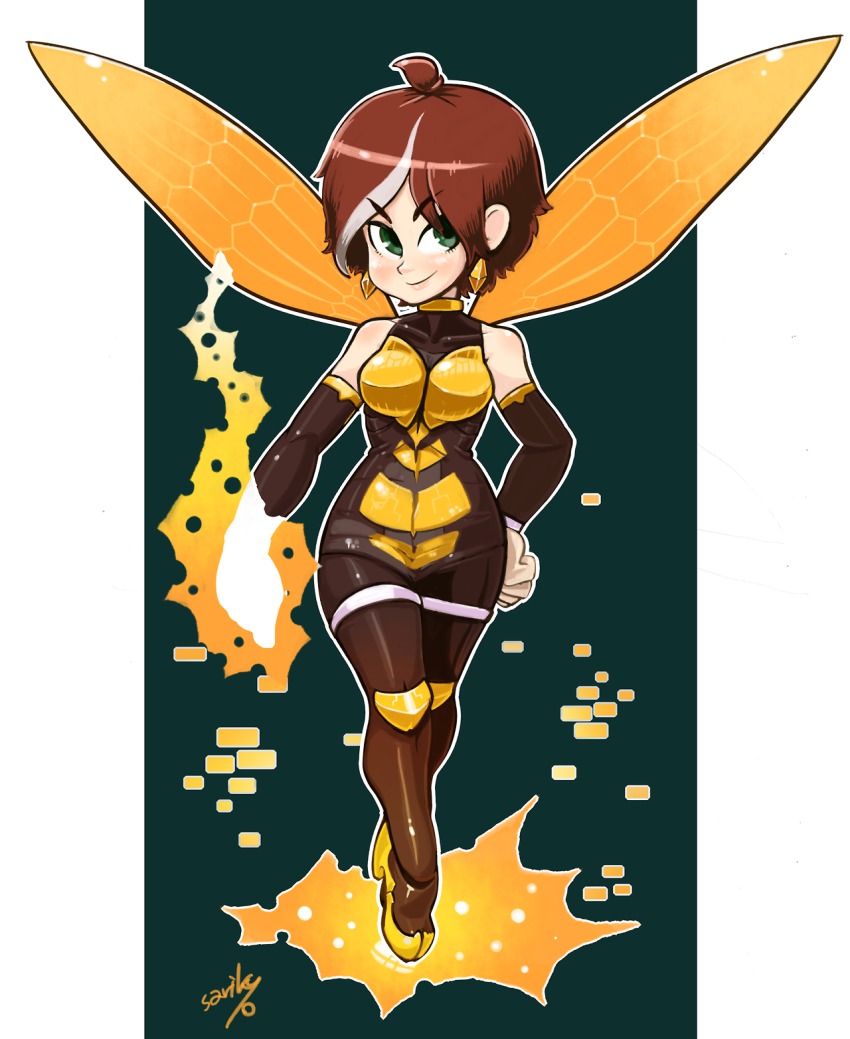 1girl avengers_(series) bare_shoulders bee_costume chibi detached_sleeves disk_wars_avengers earrings full_body green_eyes highres insect_wings janet_van_dyne jewelry looking_at_viewer marvel multicolored_hair outside_border shioinu_kemushi smile wasp_(marvel) wings