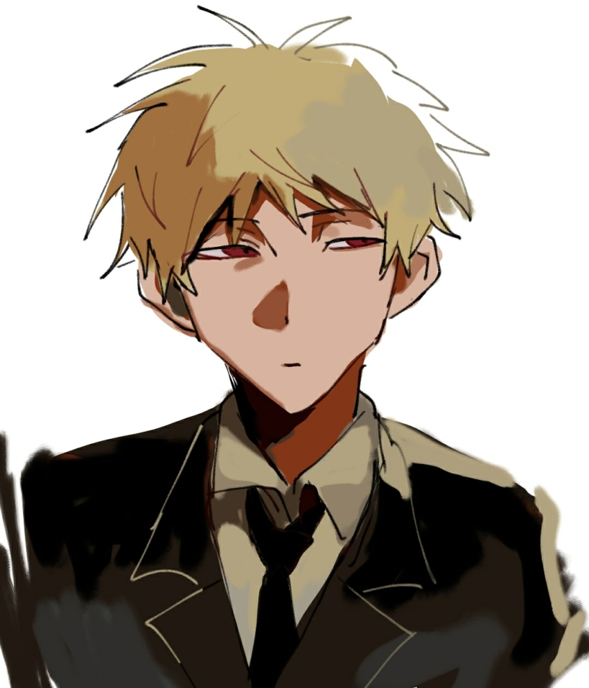 1boy alternate_costume atou_haruki beiquqian black_jacket black_necktie blonde_hair chinese_commentary closed_mouth collared_shirt commentary_request expressionless formal_clothes highres jacket lapels male_focus necktie notched_lapels red_eyes saibou_shinkyoku shirt short_hair simple_background solo suit suit_jacket upper_body variant_set white_background white_shirt