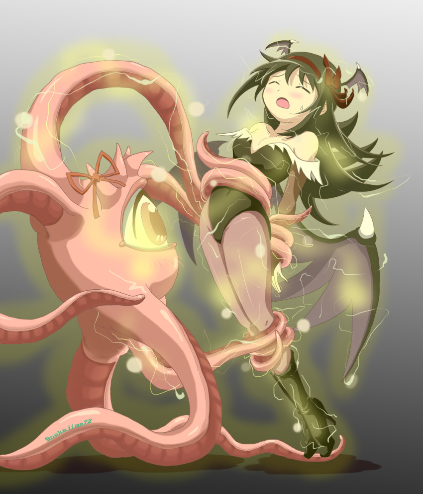 akemi_homura akuma_homura black_hair breasts cleavage closed_eyes cosplay energy_drain head_wings highres kaname_madoka long_hair mahou_shoujo_madoka_magica mahou_shoujo_madoka_magica:_hangyaku_no_monogatari marvel marvel_vs._capcom monster morrigan_aensland nakajima_(efude) ribbon ribbon_hair shuma_gorath spoilers sweat tentacles darkstalkers wings