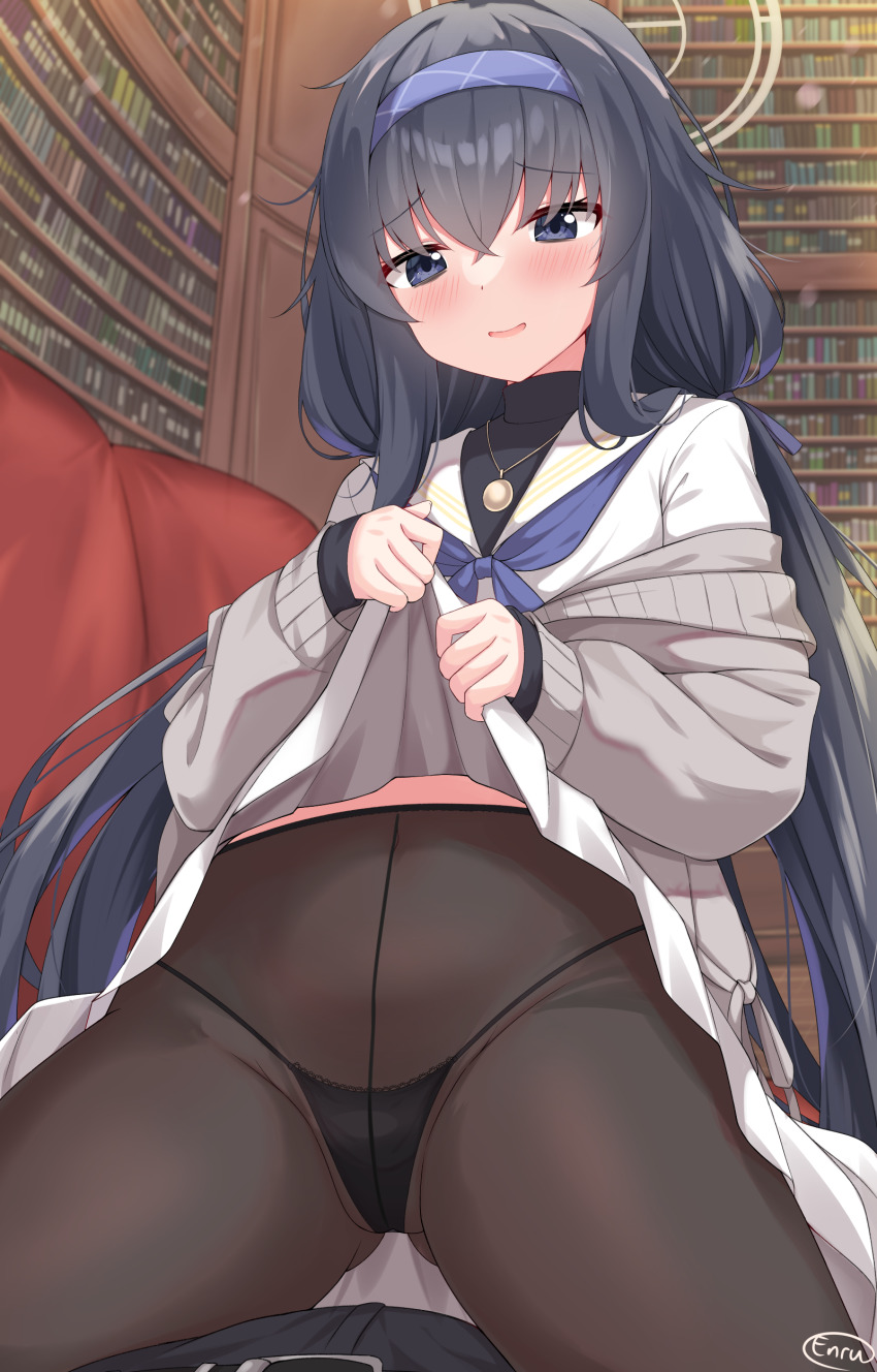 1girl 1other absurdres bags_under_eyes black_hair black_panties blue_archive blush book bookshelf brown_pantyhose clothes_lift crotch_seam enru gluteal_fold hair_between_eyes hairband highres indoors jewelry library lifting_own_clothes long_hair long_sleeves looking_at_viewer necklace panties panties_under_pantyhose pantyhose sailor_collar school_uniform skirt skirt_lift string_panties ui_(blue_archive) underwear