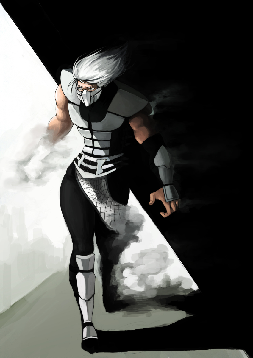 1boy absurdres armor food_fighter_441 half_mask highres male_focus mask mortal_kombat_(series) muscular ninja smoke smoke_(mortal_kombat) solo spiked_hair white_hair