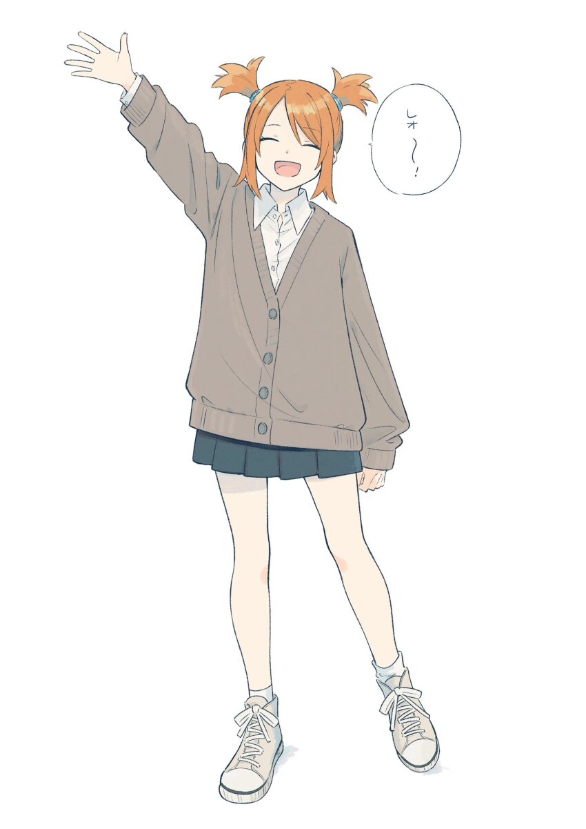 1girl :d alternate_costume arm_up brown_cardigan buttons cardigan closed_eyes collared_shirt commentary_request happy highres ittumozzz long_sleeves nintendo open_mouth orange_hair pleated_skirt pokemon pokemon_colosseum rui_(pokemon) shirt shoes simple_background skirt smile sneakers socks solo speech_bubble tongue two_side_up white_background white_shirt white_socks