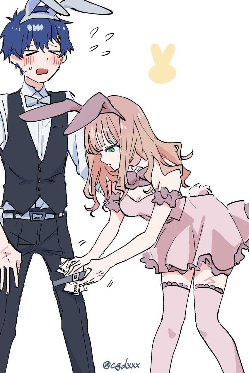 1boy 1girl animal_ears asanaka_yomogi black_vest blue_hair blush brown_hair closed_eyes couple dress green_eyes gridman_universe gridman_universe_(movie) hair_ornament hairclip hetero highres himagosan long_hair long_sleeves minami_yume pants rabbit_ears rabbit_tail ribbon scar scar_on_hand scar_on_leg shirt short_hair sleeveless ssss.dynazenon sweat tail thighhighs vest waiter