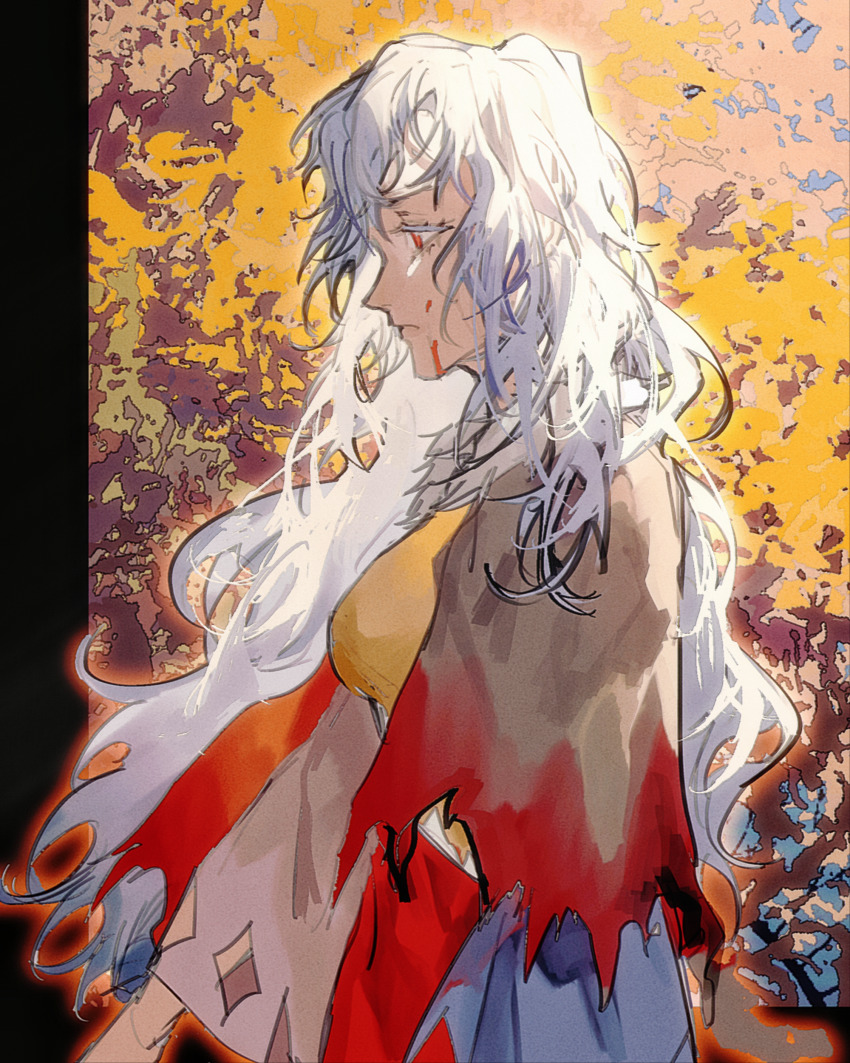 1girl absurdres blood blood_on_face blue_sleeves closed_mouth dress from_side heinrich_(fernanderuddle) highres long_hair multicolored_dress orange_dress red_dress red_eyes sakata_nemuno solo touhou upper_body wavy_hair white_hair wide_sleeves yellow_dress
