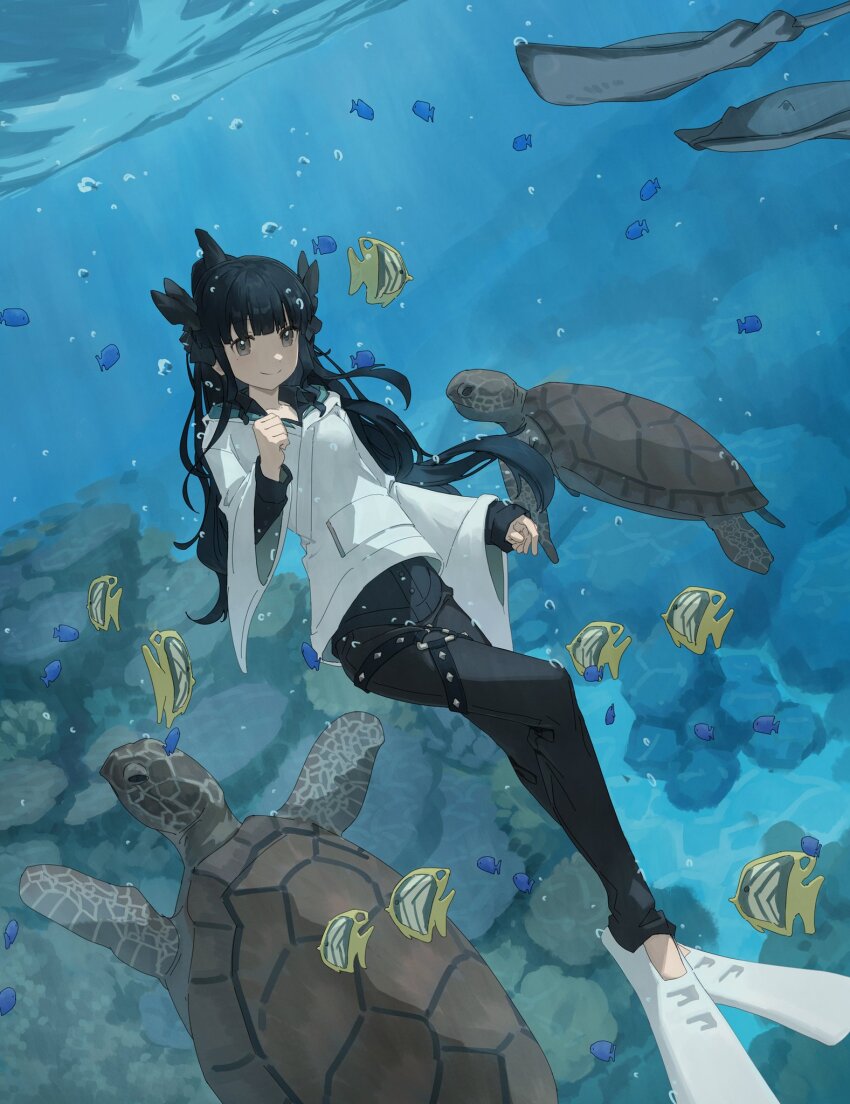 1girl artemis_of_the_blue atelier_live belt black_belt black_pants dotr_art fish flippers full_body grey_eyes highres hood hood_down hoodie long_hair manta_ray pants sea_turtle shark_girl smile turtle underwater virtual_youtuber white_hoodie wide_sleeves