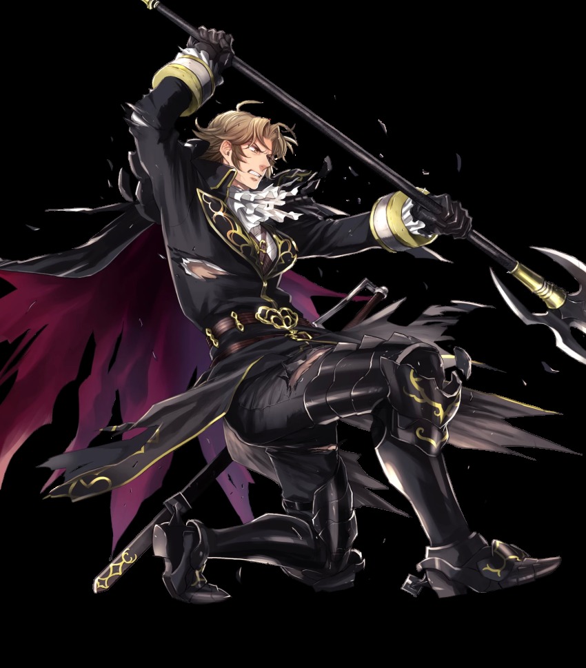 1boy armor armored_boots blonde_hair boots camus_(fire_emblem) cape fire_emblem fire_emblem:_mystery_of_the_emblem fire_emblem_heroes full_body gloves highres injury male_focus nintendo official_art polearm solo spear suekane_kumiko teeth transparent_background weapon yellow_eyes