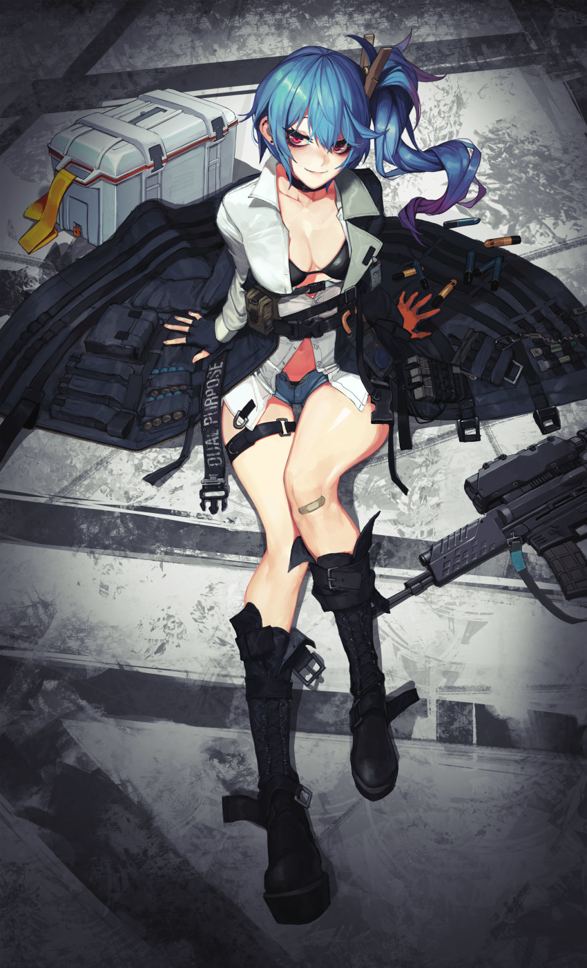 1girl 20x30mm_lv 20x30mm_lv_heab_k167 20x30mm_lv_p_k168 absurdres airburst_grenade_launcher airburst_round ammunition anti-materiel_cartridge assault_rifle bandaid bandaid_on_knee bandaid_on_leg bikini black_bikini black_boots blouse blue_hair blush bolt-action_grenade_launcher bolt_action boots breasts bullpup burst_fire_gun burst_fire_rifle cannon_cartridge carbine collarbone commentary computerized_scope daewoo_k11 explosive female_focus fragmentation_grenade fragmentation_warhead from_above girls&#039;_frontline grenade grenade_cartridge grenade_launcher gun hair_between_eyes hair_ornament high-explosive_airburst_round high-explosive_cartridge highres k11_(girls&#039;_frontline) leather_choker long_hair looking_at_viewer messy_hair military_cartridge multi-weapon multiple-barrel_gun on_ground open_clothes practice_round precision-guided_firearm precision-guided_munition purple_eyes rifle scope shirt short-barreled_rifle shorts side_ponytail sidelocks sight_(weapon) sitting smart_grenade smart_scope smile solo subsonic_ammunition swimsuit telescopic_sight thermal_weapon_sight tunamayo_(dsasd751) underbarrel_assault_rifle underbarrel_rifle weapon white_shirt