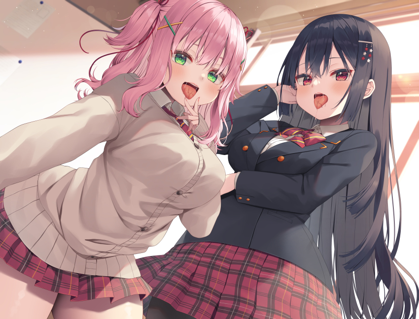 2girls absurdres asa_no_ha_(awayuki) berochu_inkai black_jacket black_pantyhose blazer bow bowtie breast_lift breasts green_eyes hair_ornament hairclip hand_up highres indoors jacket large_breasts long_hair long_sleeves medium_breasts miniskirt multiple_girls necktie non-web_source pantyhose plaid_clothes plaid_skirt red_bow red_bowtie red_necktie saliva school_uniform skirt striped_bow striped_necktie sweater tongue tongue_out very_long_hair