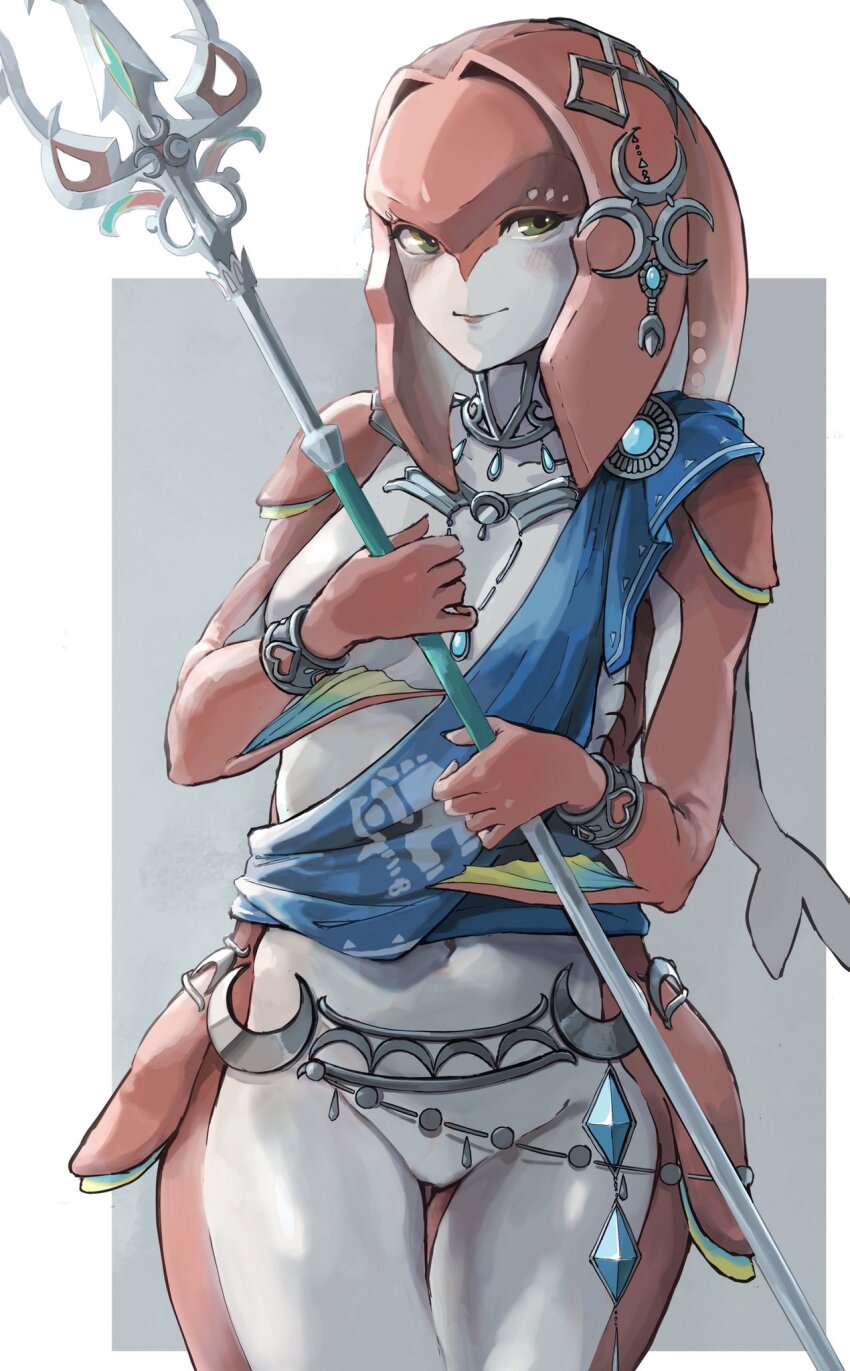 1girl blue_gemstone bracelet breasts closed_mouth collarbone colored_skin cowboy_shot fins fish_girl gem gills hashtag-only_commentary highres holding holding_polearm holding_weapon jewelry medium_breasts mipha multicolored_skin navel nintendo otsubo_kiko polearm red_skin smile solo the_legend_of_zelda the_legend_of_zelda:_breath_of_the_wild trident two-tone_skin weapon white_skin yellow_eyes zora