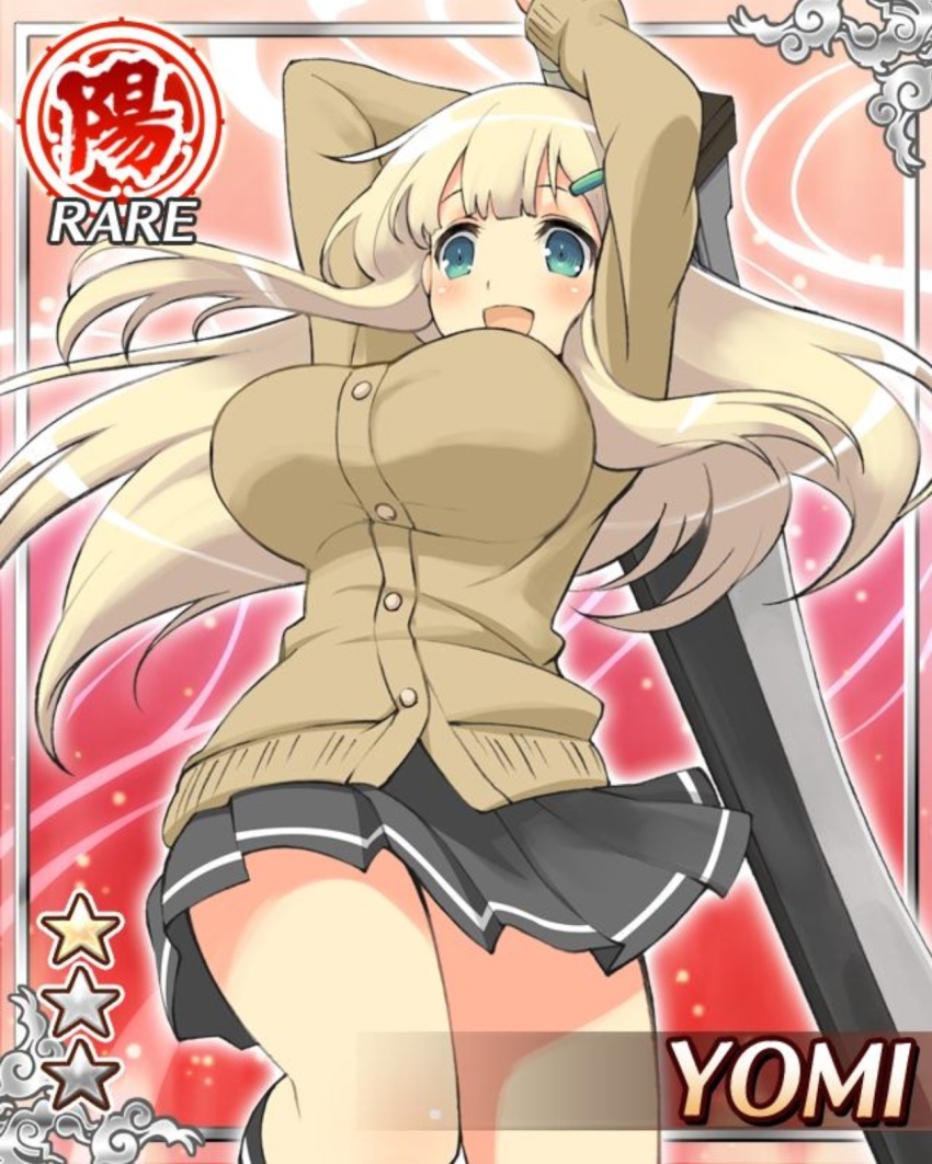 1girl aqua_eyes black_skirt blonde_hair bow bowtie breasts brown_cardigan card_(medium) cardigan closed_mouth game_cg greatsword green_hair_ornament hair_ornament hairclip hebijo_academy_school_uniform highres huge_weapon jumping large_breasts long_hair long_sleeves non-web_source official_alternate_costume official_art open_mouth red_bow red_bowtie school_uniform senran_kagura senran_kagura_new_wave skirt smile solo swinging_weapon sword weapon winter_uniform yomi_(senran_kagura)