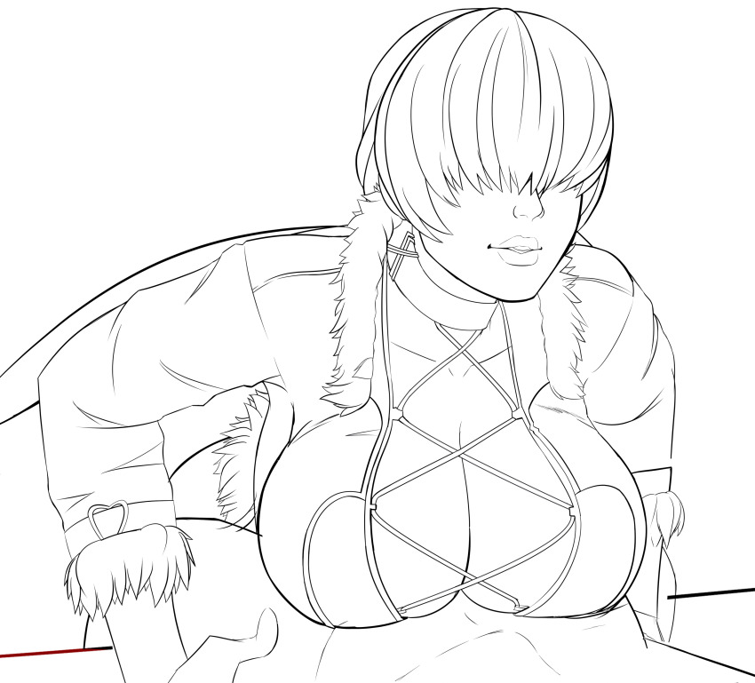 1boy 1girl absurdres bend bent_over between_breasts between_legs breasts cleavage_cutout clothing_cutout erodrunky female_focus fishnets fluffy girl_on_top highres jacket large_breasts long_hair paizuri paizuri_under_clothes ponytail shermie_(kof) the_king_of_fighters thick_lips titfuck_under_clothes