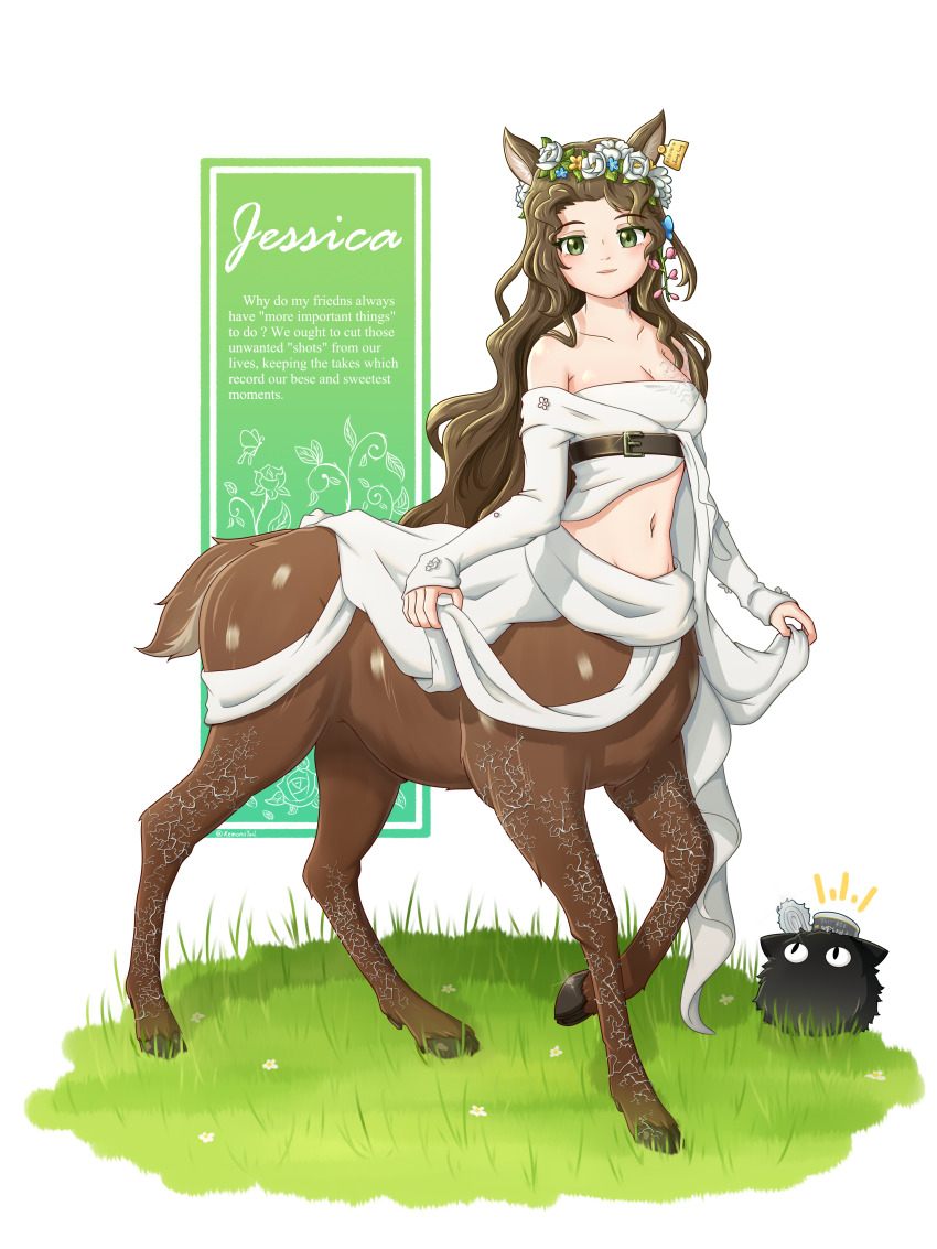 1girl absurdres animal_ears bare_shoulders belt breasts brown_belt brown_hair carbuncle_(reverse:1999) centauroid character_name chinese_commentary chouhen_huanhua_cheng_haiyang cleavage collarbone commentary_request creature daisy_(flower) deer_ears deer_girl deer_tail dress ear_tag flower flower_wreath full_body grass green_eyes groin hair_flower hair_ornament head_wreath highres hooves jessica_(reverse:1999) long_hair long_sleeves looking_at_viewer medium_breasts midriff monster_girl multiple_legs navel off-shoulder_dress off_shoulder parted_bangs parted_lips reverse:1999 rose shadow sidelocks solo_focus standing standing_on_three_legs tail taur typo underbust white_background white_dress white_flower white_rose