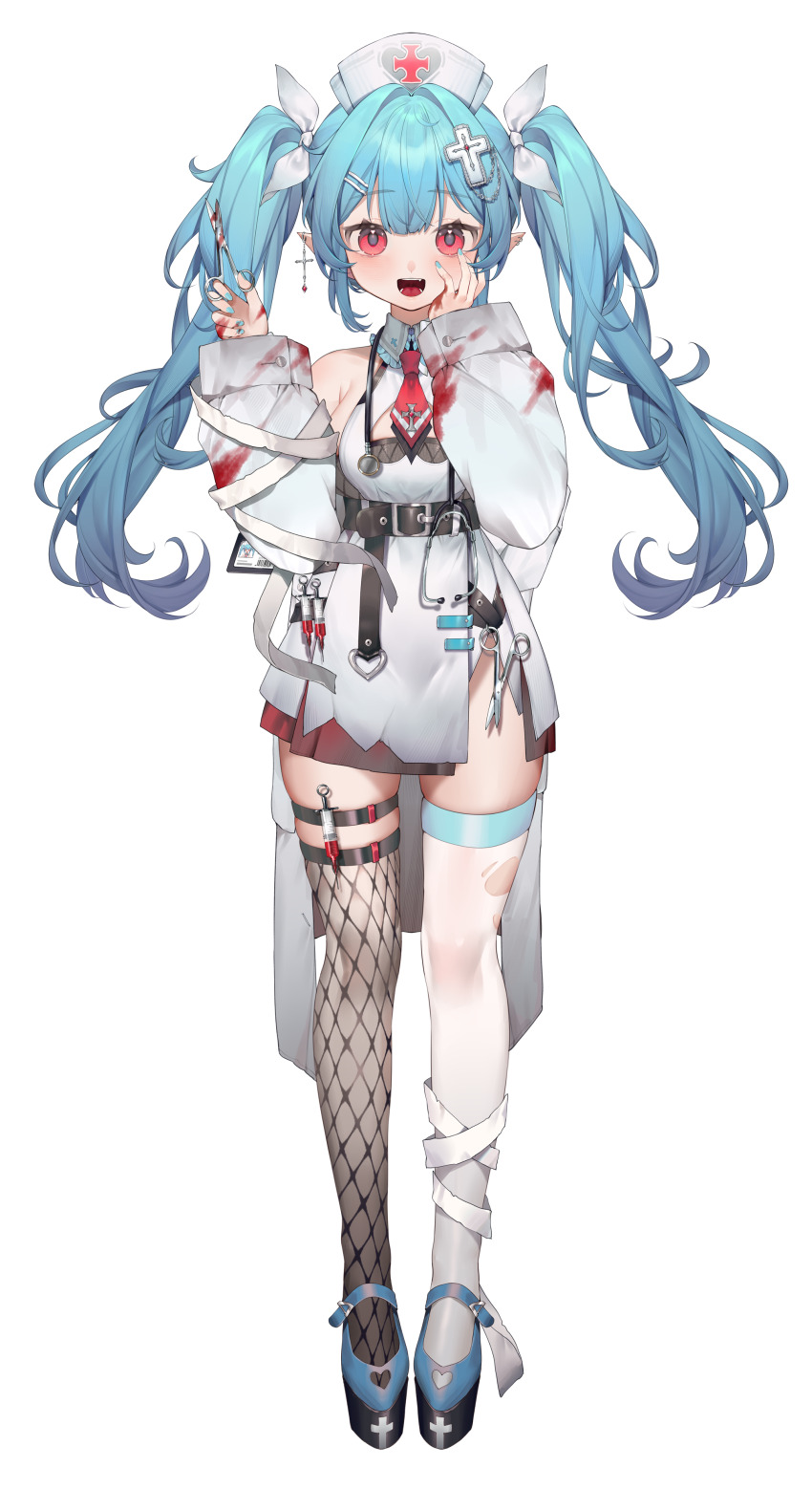 1girl :d absurdres asymmetrical_legwear bandaged_leg bandages bare_shoulders belt black_belt black_thighhighs blood blood_on_clothes blood_on_hands blood_on_sleeves blue_hair blue_nails blue_shoes bow breasts cleavage_cutout clothing_cutout coat collar collared_dress cross cross_earrings cross_hair_ornament cross_tattoo dress ear_piercing earrings fishnet_thighhighs fishnets frilled_collar frills full_body hair_bow hair_ornament hairclip hand_on_own_cheek hand_on_own_face hands_up hat highres holding holding_scissors id_card inori_(stardust_project) jewelry large_breasts long_hair looking_at_viewer mary_janes mismatched_legwear moriyama_meiko necktie nurse nurse_cap object_in_pocket off_shoulder official_art open_clothes open_coat open_mouth pen_in_pocket piercing pill_print platform_shoes pocket pointy_ears red_eyes red_necktie scissors shoes short_dress shoulder_tattoo side_slit sideboob single_earring skindentation sleeveless sleeveless_dress smile solo standing stardust_project stethoscope straight-on surgical_scissors syringe tachi-e tattoo teeth thigh_strap thighhighs torn_clothes torn_thighhighs transparent_background twintails underbust virtual_youtuber white_bow white_coat white_dress white_thighhighs