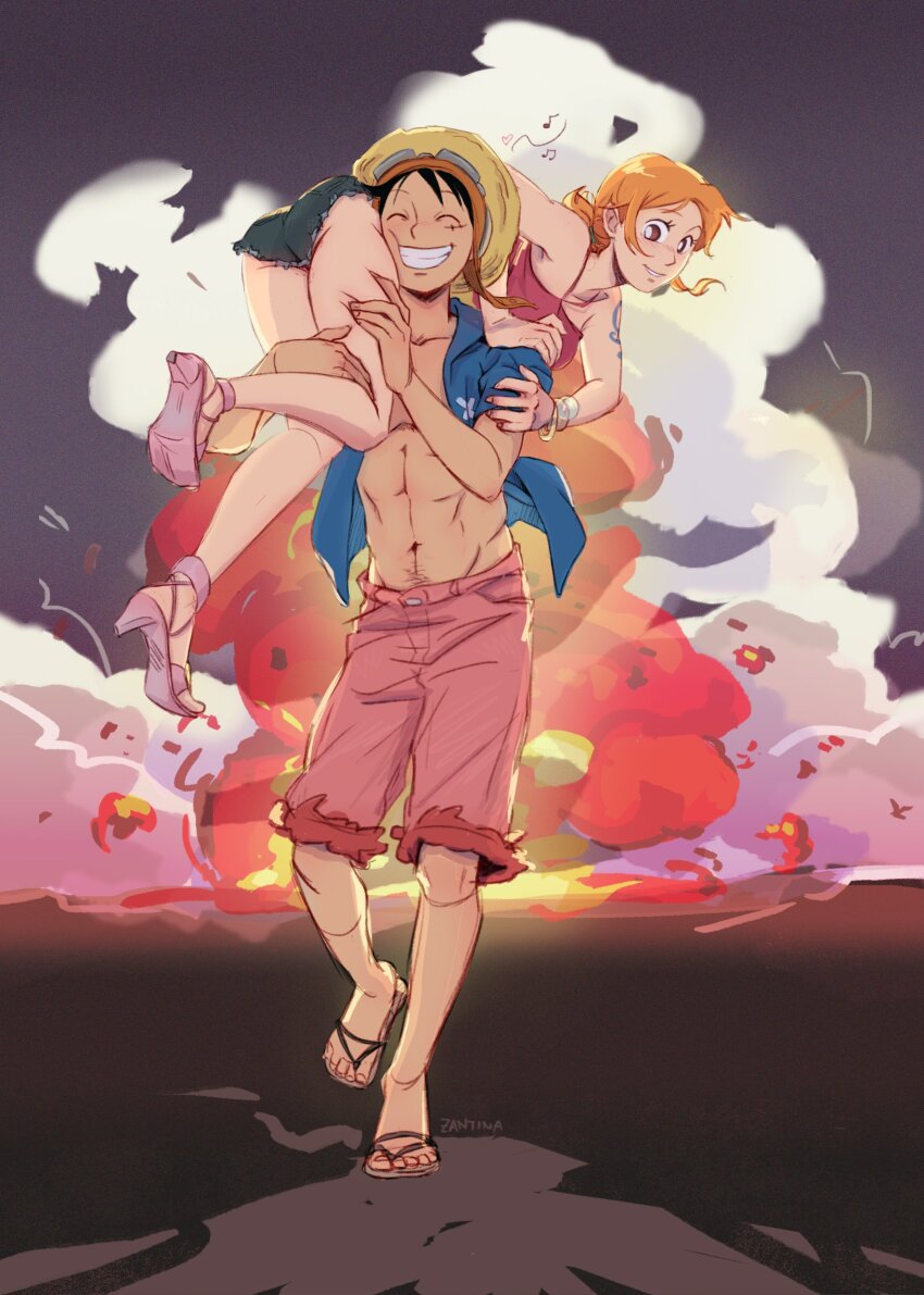 1boy 1girl absurdres artist_name ass bangle bare_legs bare_shoulders black_hair blue_shirt blue_shorts bracelet brown_eyes carrying carrying_over_shoulder carrying_person cheek_press closed_eyes collarbone collared_shirt commentary crop_top denim denim_shorts english_commentary explosion explosion_gag facial_scar full_body goggles goggles_on_headwear grin hand_on_another&#039;s_shoulder hand_on_another&#039;s_thigh hat high_heel_sandals high_heels highres jewelry log_pose low_twintails monkey_d._luffy musical_note nami_(one_piece) navel official_alternate_costume official_alternate_hairstyle one_piece one_piece:_strong_world open_clothes open_shirt orange_hair outdoors parted_lips pink_sandals pink_shorts sandals scar scar_on_cheek scar_on_face shirt short_hair short_shorts shorts shoulder_tattoo smile stomach straw_hat tattoo toned toned_male twintails walking zantinaa