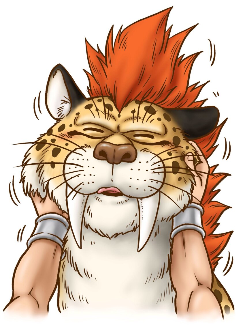 1boy borongo bracelet closed_eyes commentary_request creature creature_focus dragon_quest dragon_quest_v great_sabrecat hero_(dq5) highres jewelry motion_lines murakami_yumiko muscular muscular_male petting pov red_fur sharp_teeth spotted_fur teeth tongue whiskers white_background white_fur yellow_fur
