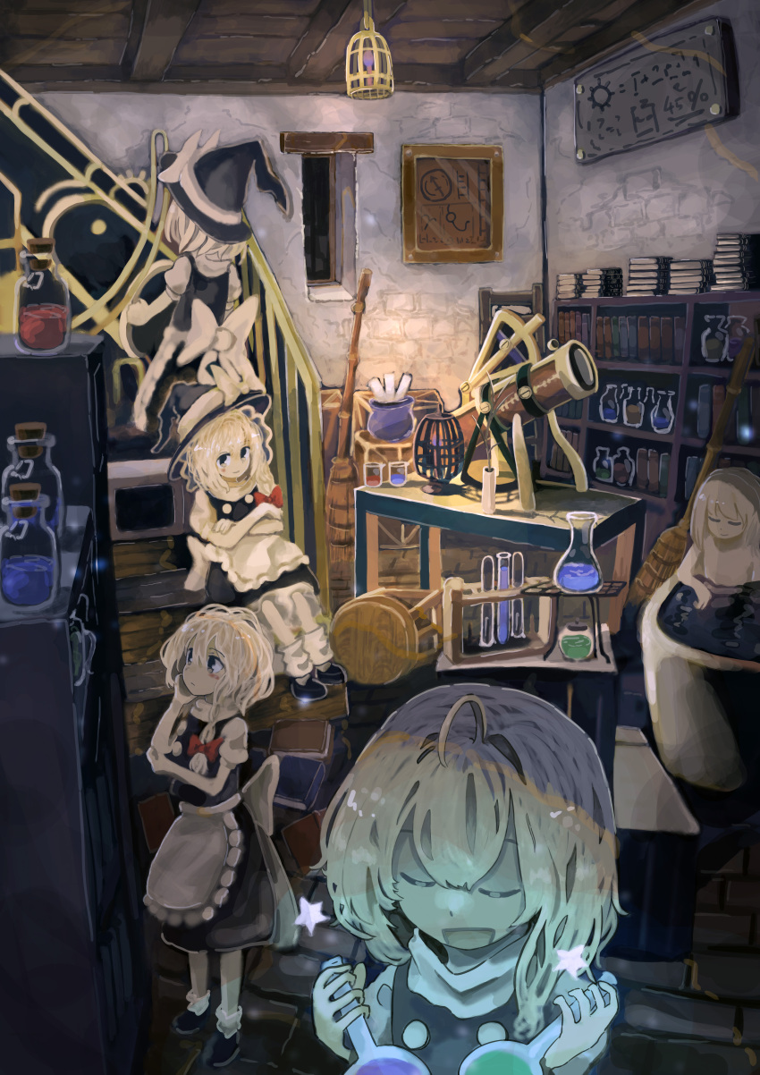 absurdres apron bath bathing beaker blonde_hair book bookshelf bottle bow braid broom closed_eyes crossed_arms dress from_behind hair_bow hat hat_bow highres holding holding_bottle indoors kirisame_marisa liangming_toho long_hair multiple_persona nude open_mouth scroll single_braid sitting smile stairs star_(symbol) stool test_tube touhou water witch_hat yellow_eyes